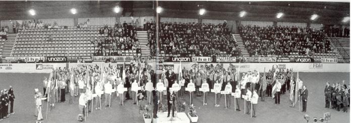 A black and white photo of the Opening Ceremony of the Ornskoldsvik 1976 Paralympics